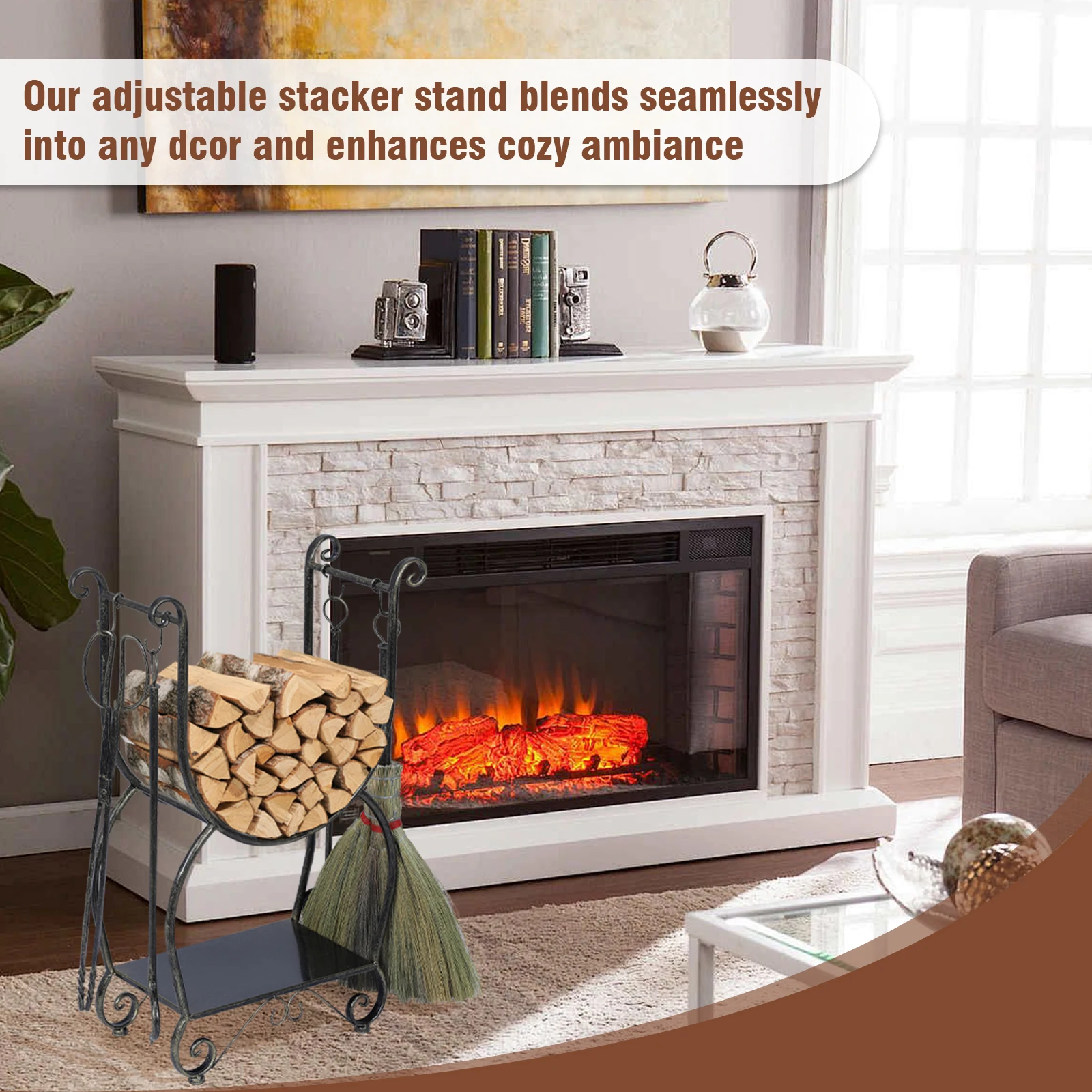 Metal Firewood Rack Set with 4 Fireplace Tools Firewood Rack No Need To Install Adjustable Stacker Stand for Fireplaces