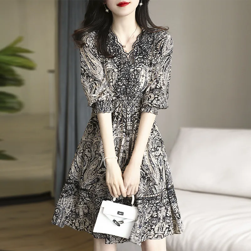 

Women's Luxury Party Dress Summer V-Neck Hollow Out Floral Printed Lace Splicing Real Silk Elegant Dresses For Women 2024 New