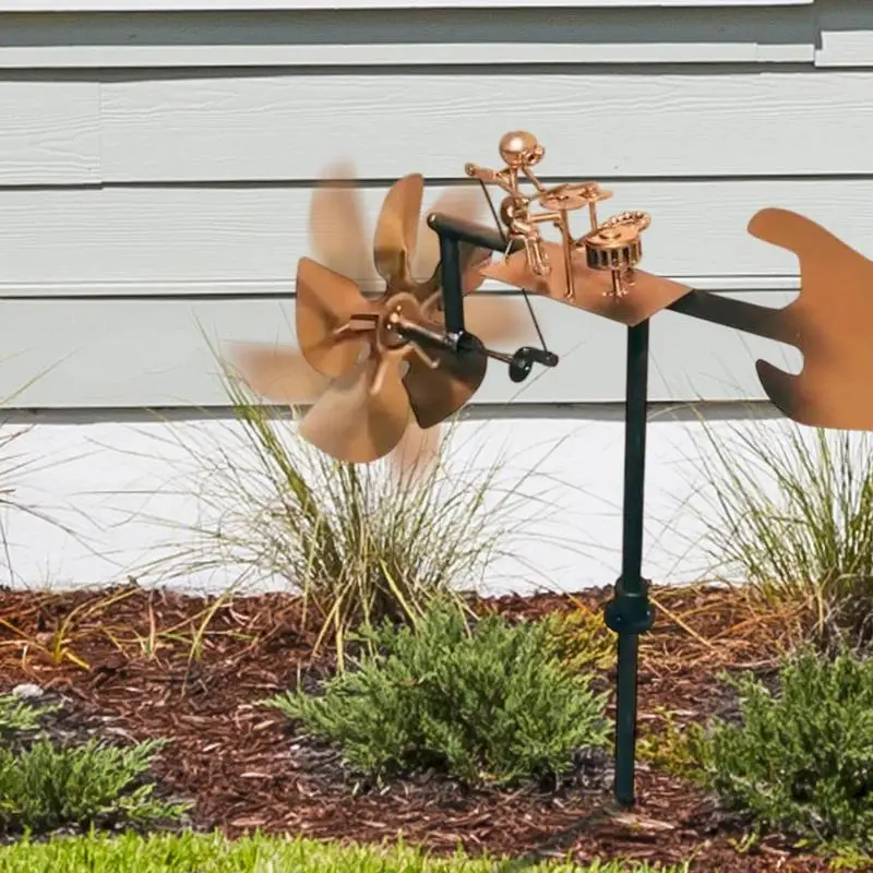 Metal Drummer Windmill Statue Metal Wind Spinner Decorative Wind Power Rock Art Statue For Garden Yard Patio Lawn Porch Backyard