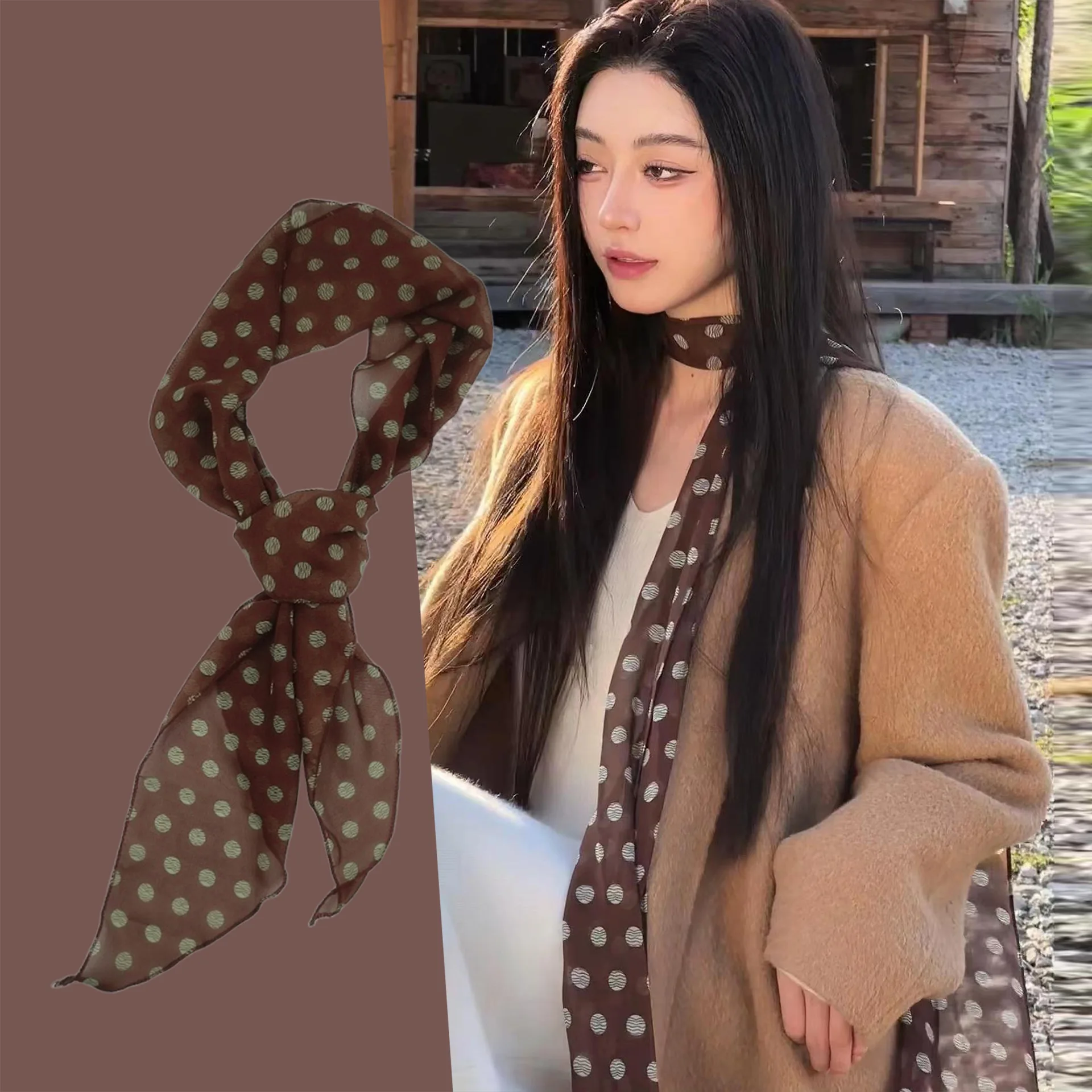 Ladies New Ins Style Brown Chiffon Polka Dot Long Silk Scarf Multifunctional Accessory Neck Women's Headband Tie Hair Towel