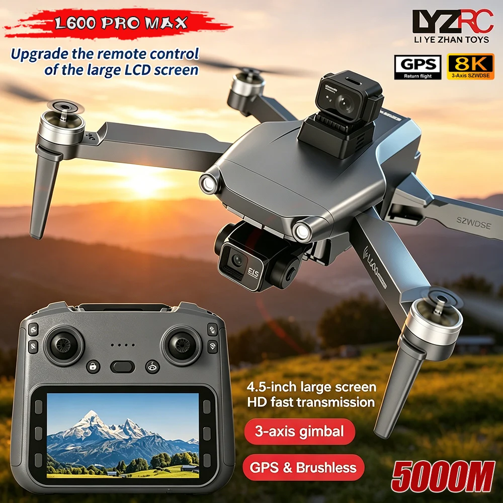 Drone GPS L600 MAX 8K com Gimbal 3 Eixos e Controle Remoto com Tela