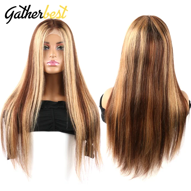 Ombre Honey Blonde 180 Density Human Hair Wigs Human Hair Ombre P4/27 Straight Highlight Lace Front Wigs 100% Raw Remy hair 2