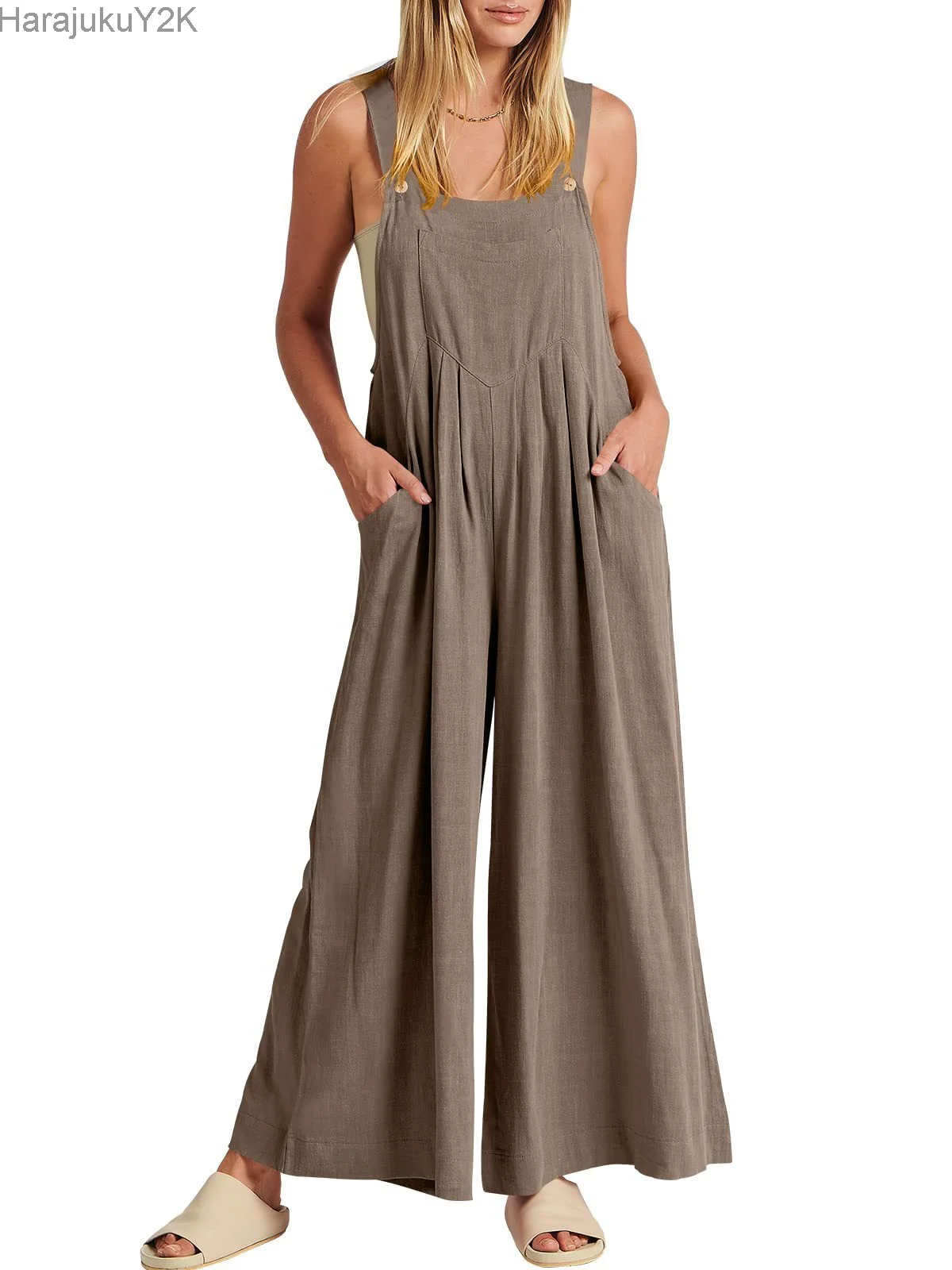 Women's Sleeveless Wide Leg Jumpsuit With Pockets Adjustable Straps Casual Loose Jumpsuit For Everyday Party Beach Vacation