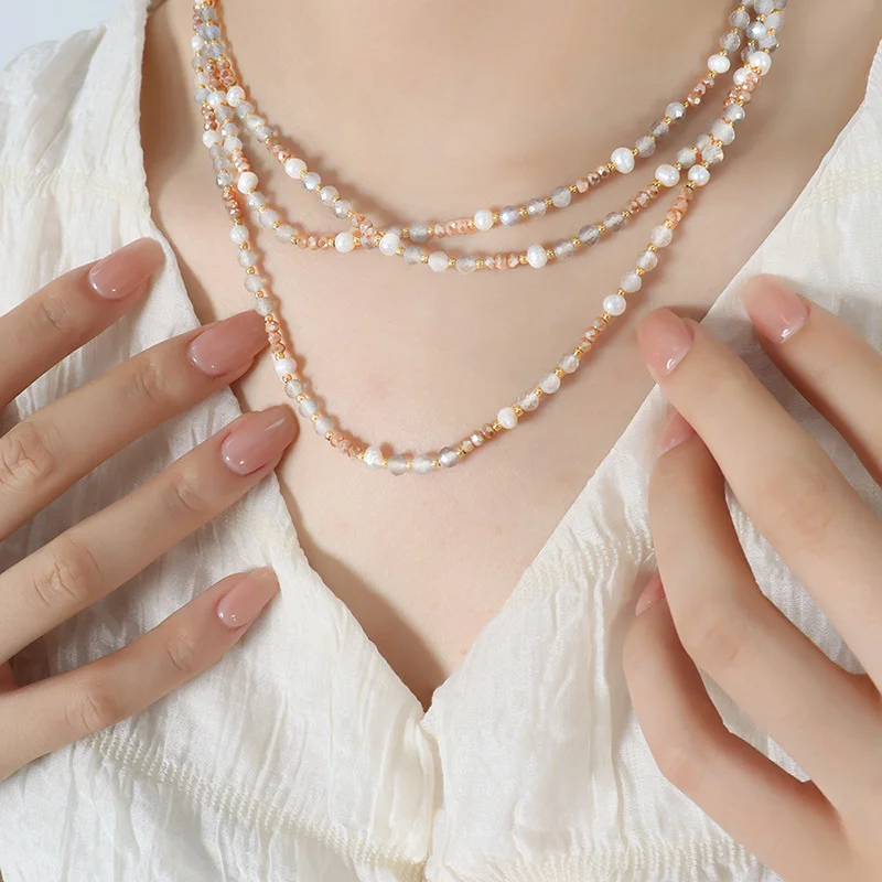 

ALLNEWME Ethnic Multicolor Glass Natural Stone Freshwater Pearl Strand Beaded Necklaces 18k Gold Titanium Steel Choker Necklace
