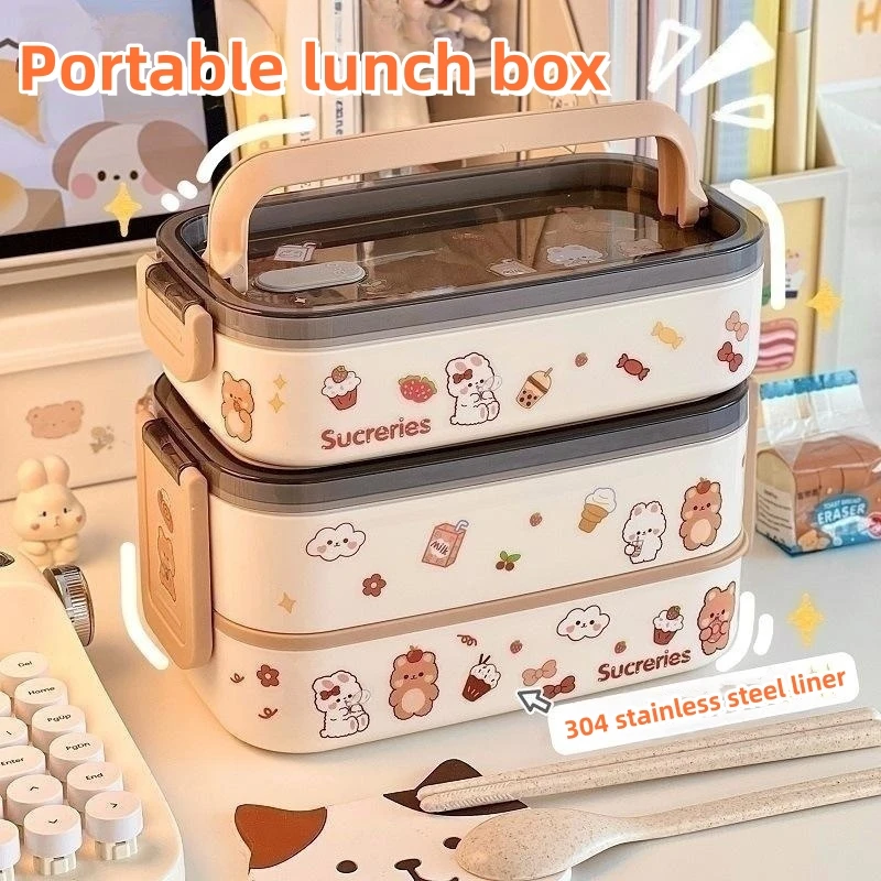 4pcs/set Cute Bear Pattern Lunch Box With Bag And Utensils, 304 Stainless  Steel Insulated Bento Box For Salad And Food Storage