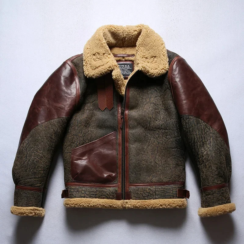 

Fast Shipping,Men's Winter Shearling Sheepskin Jacket Warm Fur Collar Vintage Air Force Flight B-3 Genuine Leather