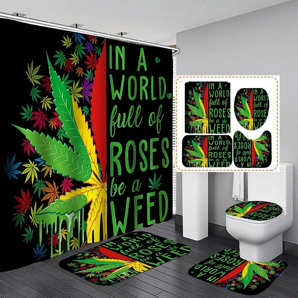 Marijuana Weed Leaf Shower Curtain Set Non-slip Rugs Toilet Lid Cover Bath Mat Jamaican Reggae Rasta Waterproof Bath Curtains