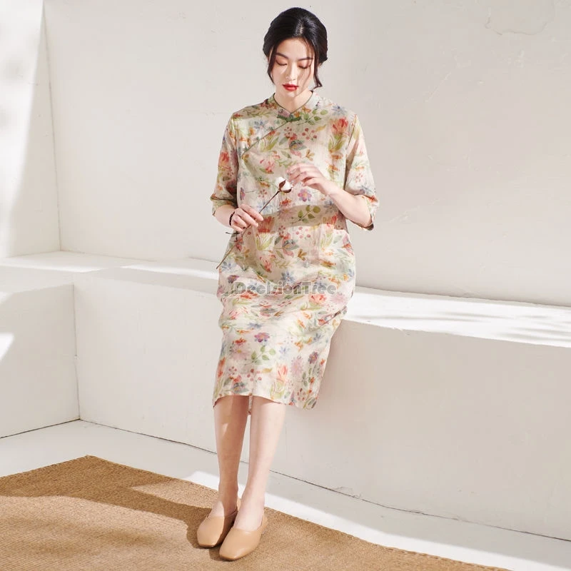 2026 retro temperament chinese style improved qipao dress graceful  exquisite printing vestido diagonal buckle cotton linen dress - AliExpress  200000532