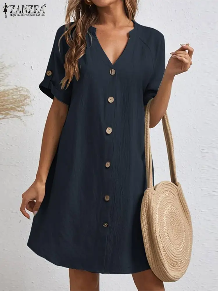 

ZANZEA Ladies Elegant OL Work Dress Woman Half Sleeve V-Neck Shirtdress Female Casual Loose Sundress Summer Holiday Solid Robe