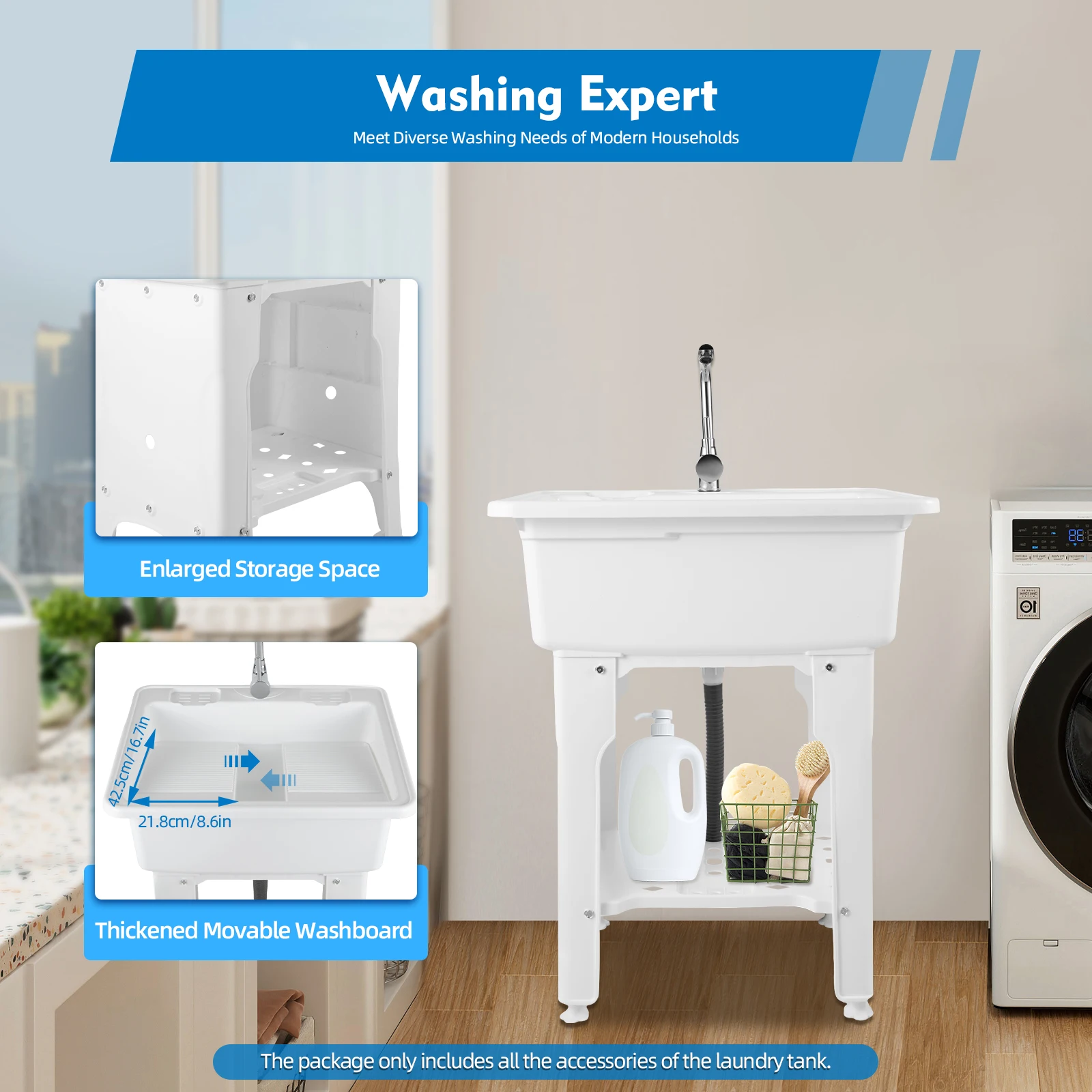Freestanding Plastic Laundry Sink with Washboard Indoor and Outdoor Utility Sink with Cold and Hot Water Faucet 3