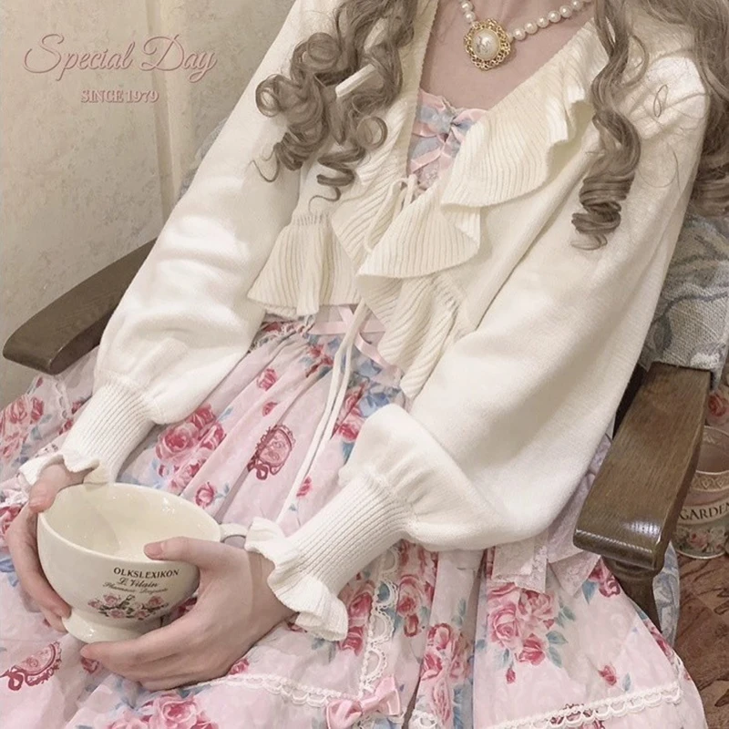Japanese Sweet Knitted Cardigan Women Fall Ruffles Kawaii Lace Up Cropped Sweaters Harajuku Aesthetic Lantern Sleeve Cute Tops 5