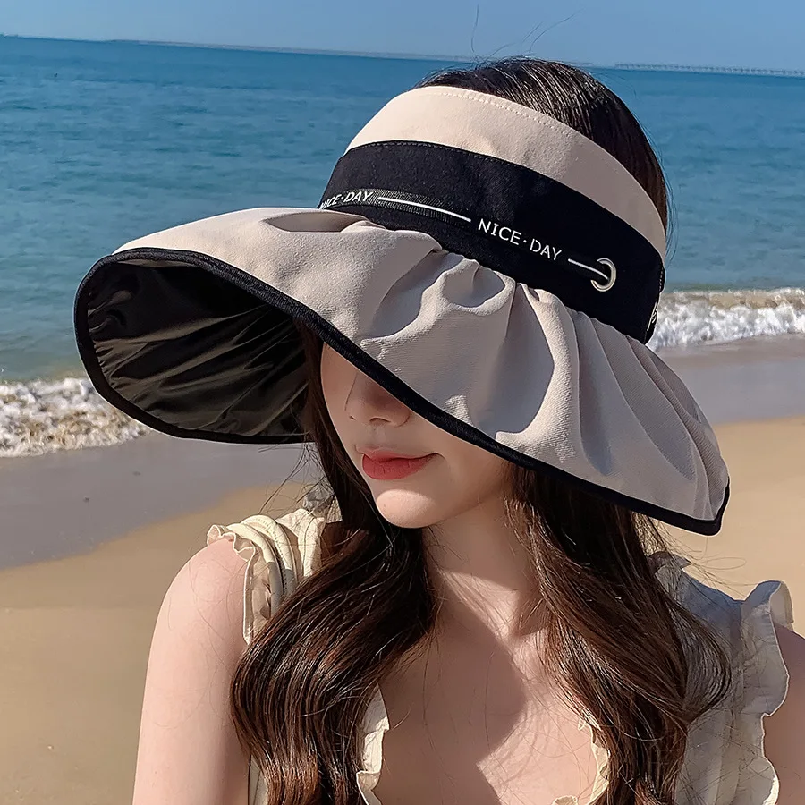 

COKK Summer Hats For Women Sun Hat Empty Top Sunshade Ladies Outdoor Beach Hat Foldable UV Protection Sunhat Visor Wide Brim New