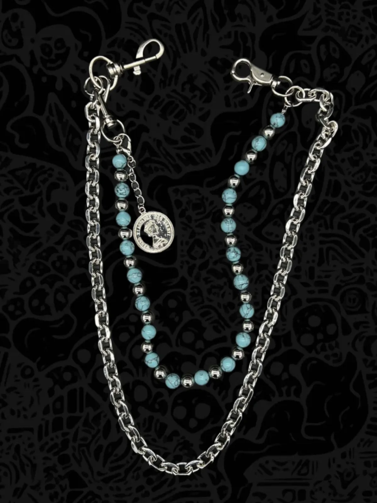파란색 배경 검은색 패턴 터키석 수제 비즈 바지 체인 레트로 스트리트 단면 탈부착 펜던트 DIY 액세서리