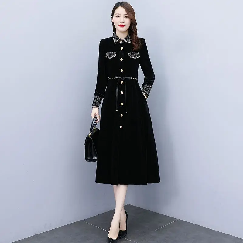 

2023 Autumn The New Listing Star Checkered Polo Neck Dress Style Same Elegant Small Fragrance Rough Tweed Black Velvet Skirt