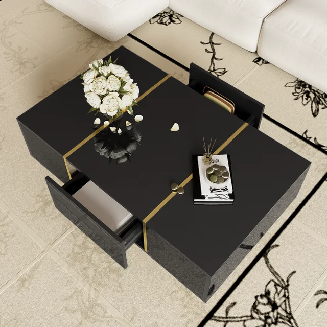 Table basse Table basse rectangulaire Salon Table basse moderne en noir brillant et 2 tiroirs 1