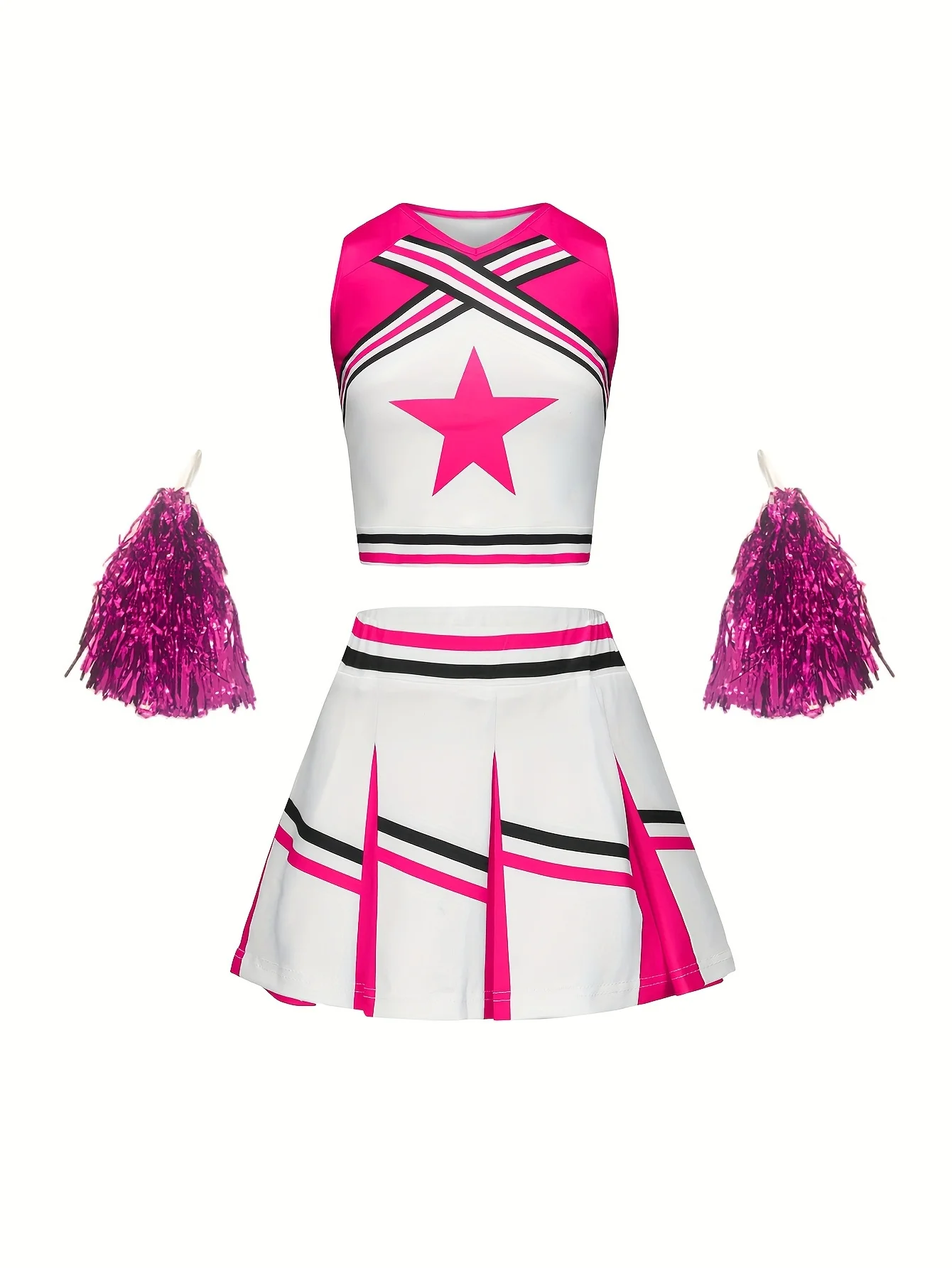 Cheerleader Skirt Suit Girls Kids Star Sports Cute Homecoming Season Performance Costume Multicolor Available Free Pom Poms