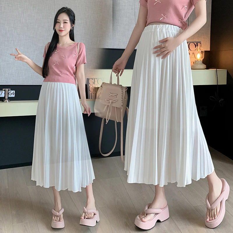 한국 스타일 임산부 플리츠 스커트, 긴 느슨한 허리 조절 가능한 쉬폰 스커트, 여성 큰 밑단 스커트, 패션