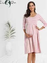  Women Summer Casual Striped Maternity Dresses Clothes Short Sleeve Knee Length Pregnancy Dress Session Pleated Baby Shower  Pink 