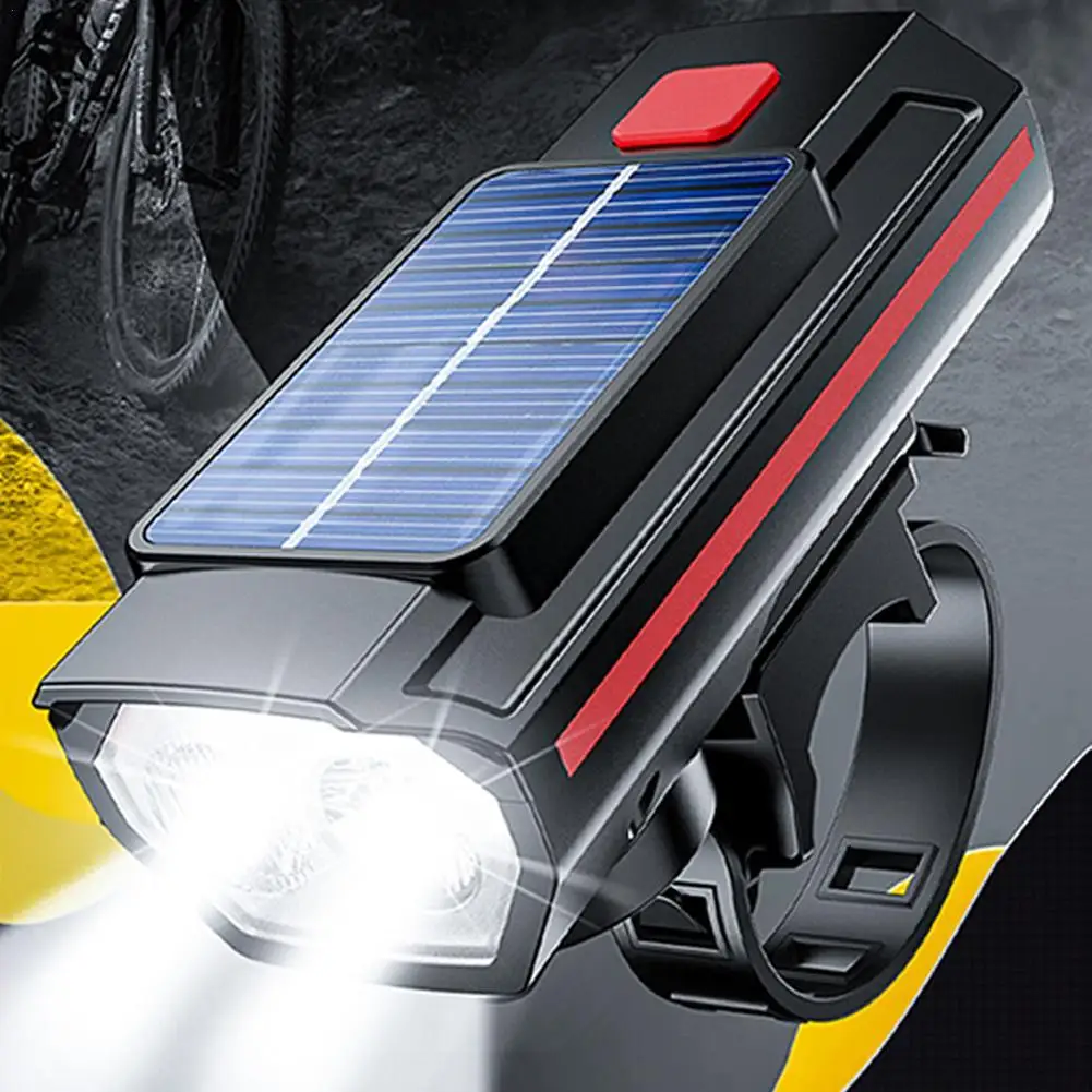 Solar Bike Front Lamp Horn Dual Lamp Beads Super Bicycle Safety Warning Night Brightness Waterproof Cycling Headlight