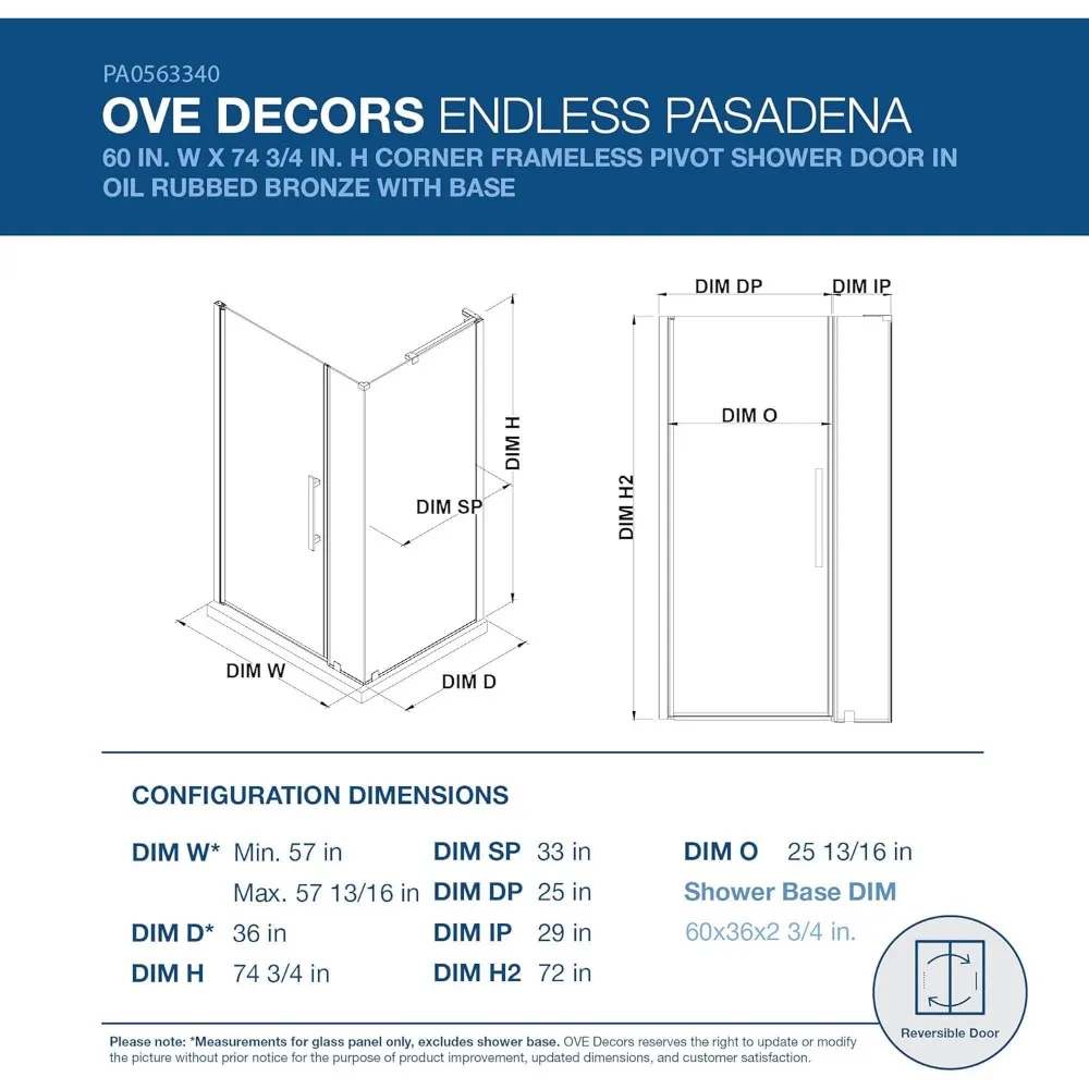 Corner Pivot Frameless Shower Door 60" in Oil Rubbed Bronze Shower Doors 3