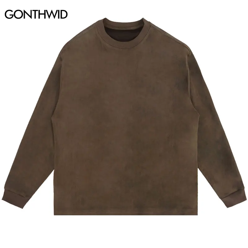 

Men Retro Suede T Shirt Hip Hop Solid Color Long Sleeve Loose Tshirt Streetwear Fashion Harajuku American Style Plain Shirts Top