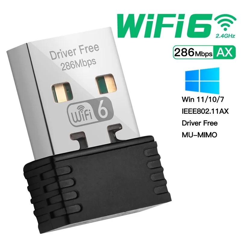 

AX286 WiFi 6 Adapter 802.11ax 2.4GHz Wireless Free Driver USB Network Card for Win7/10/11 Computer Mini Size Wi Fi Receptor