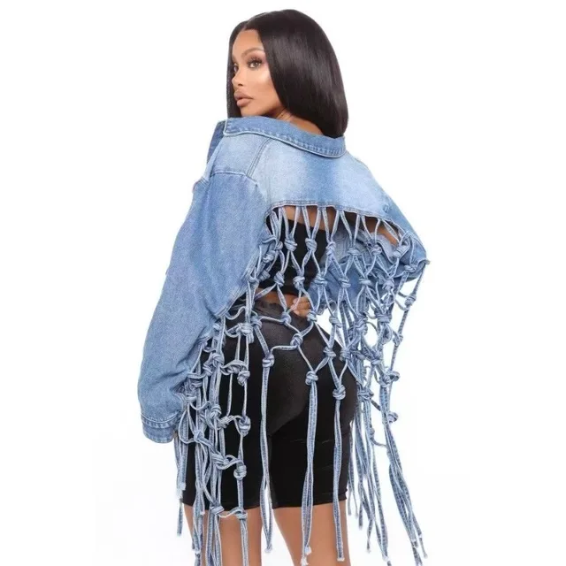 European and American grid backless fringed women denim jacket unique sexy hip-hop punk fashion clothing  Y2K casual trendy top 1