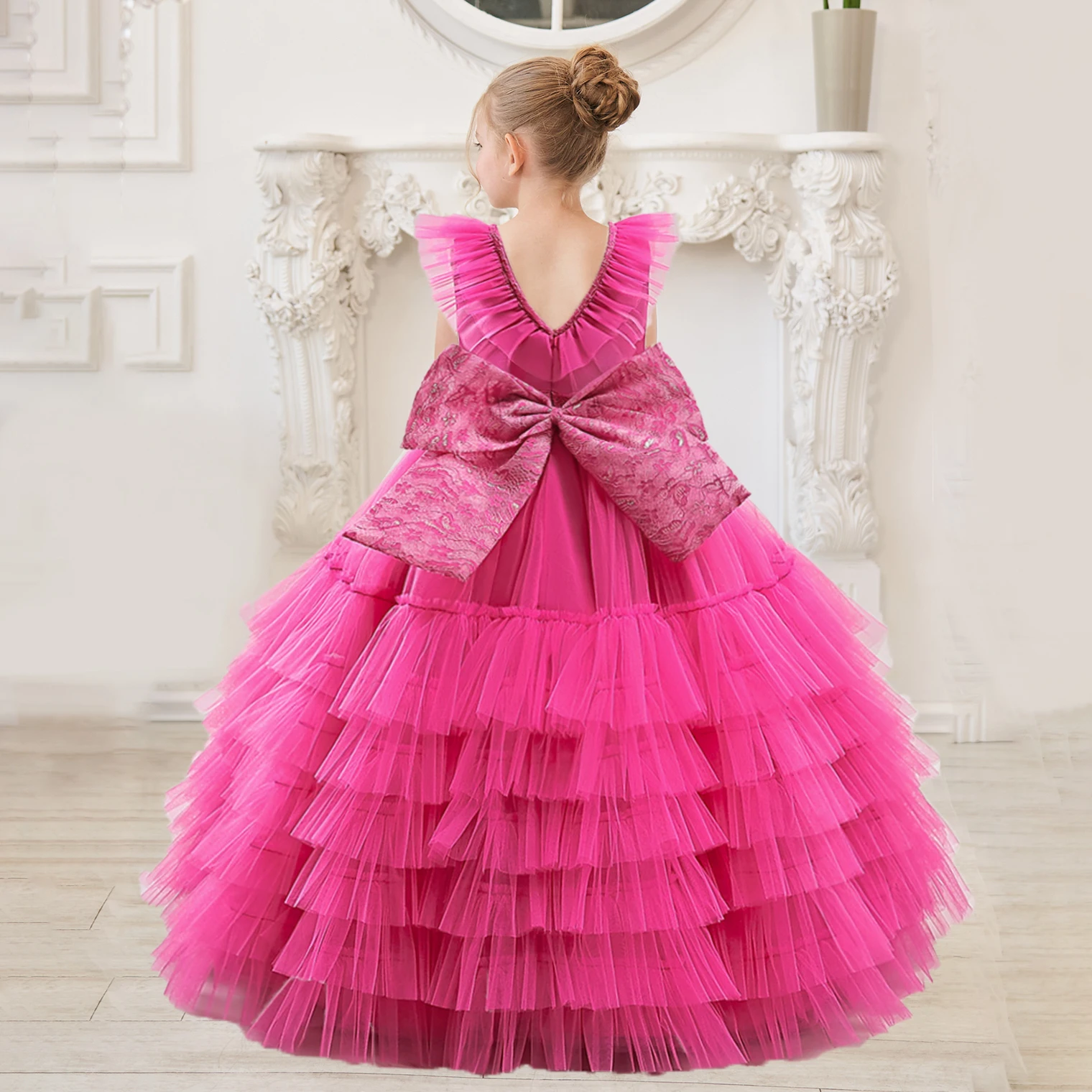Primera Comunion Vestidos Vestido De Niña De Flores De Manga Larga De Tul De Encaje De Marfil Y Capuchino Para Ocasiones Especiales, Fiesta De Dama De Honor, Desfile De Bodas, Sesión De
