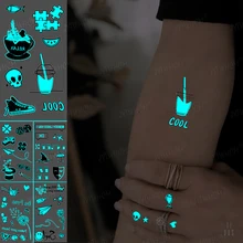

Blue Luminous Tattoo Stickers Glowing Cola Cute Temporary Tattoo Shoes Skull Cool Pattern Body Art Fake Tatoo For Men And Women