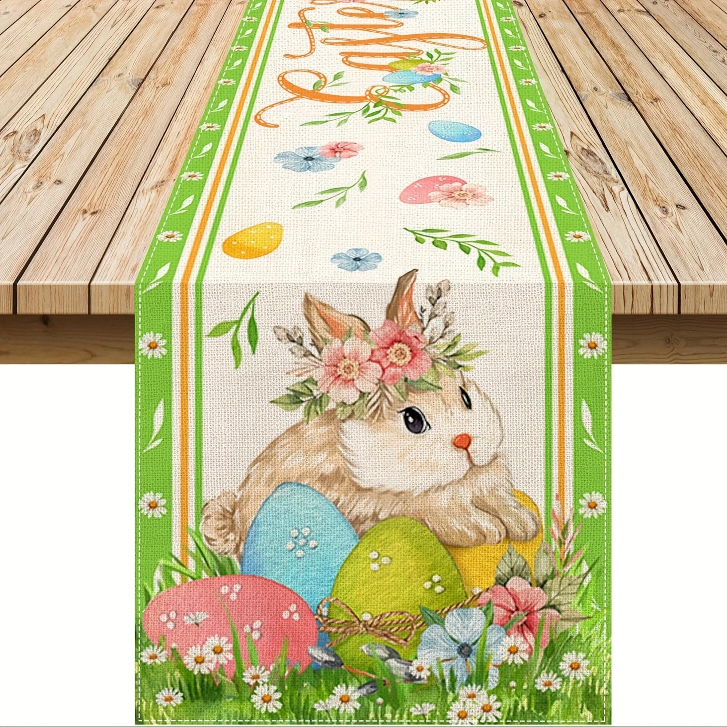 Easter Green-Borded Egg Margherite Tulip Bunny Easter Linen Runner Runner Stagionale Spring Holiday Party Kitchen Dining Table Decor
