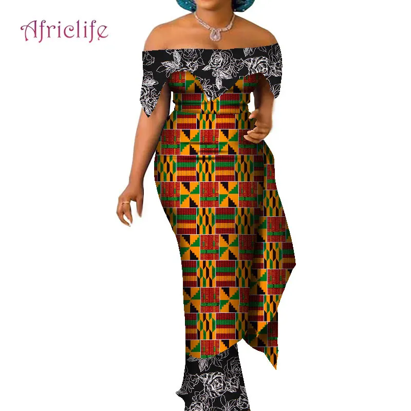 african outfits for ladies African Dresses for Women Traditional Off Shoulder Wax Print Cotton Elegant Lady Plus Size Custom Party Clothing Clothes WY7837 african suit Africa Clothing