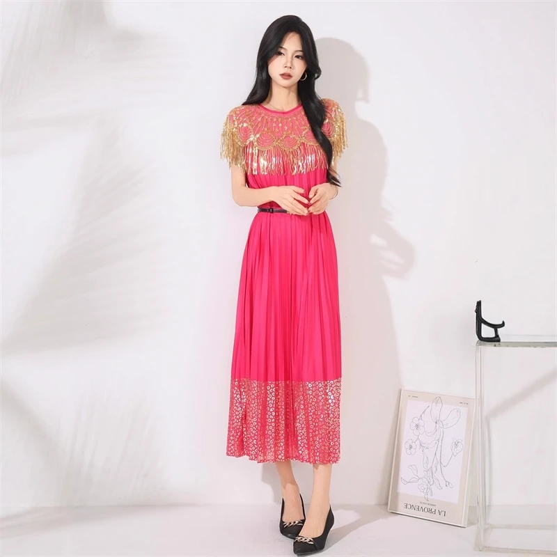LANMREM High Quality Embroidery Beaded Round Neck Pleated Women's Dress Short Sleeve Tassel Gold Foil Printing Famale Clothing - Image 6