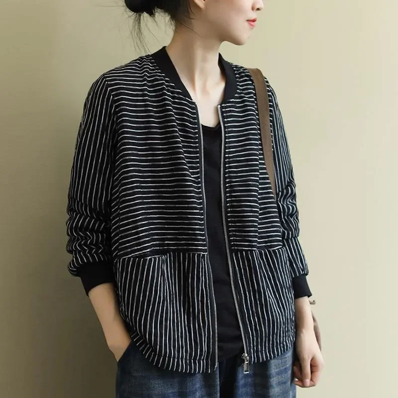 

New Spring Autumn Striped Short Coats Korea Fashion Women Long Sleeve Casual Cotton Loose Zipper Jackets Women Jacket