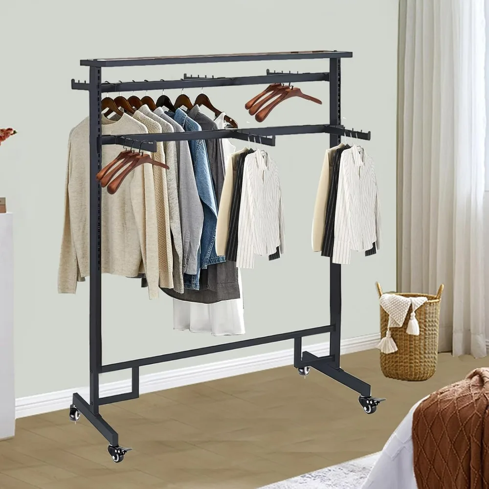 Adjustable 8-Arm Garment Rack with Rolling Wheels and Double Rod Display Shelf