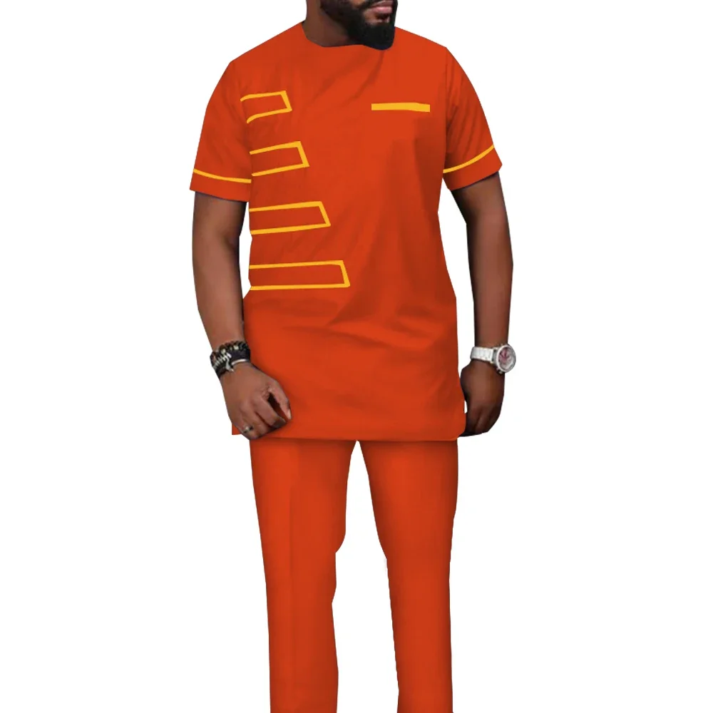 African Men Traditional Outfit Suit Set Solid Color Mens Top Pants 2 Pieces Riche Shirt with Trouser Male Formal Outfits WYN1614
