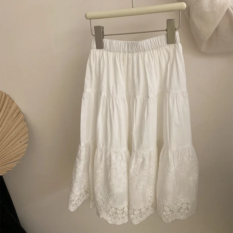 Lace Long Skirt Summer New Fashionable Sweet Casual Loose Solid Color Simpleall-match Lace Skirt Trend