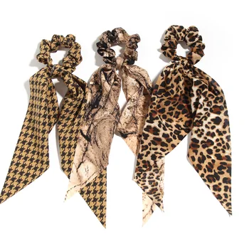 Fashion Leopard Print Ribbon Headband Women Bow Hair Ties Black Spotted Large Intestine Hair Rings