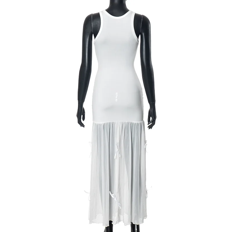 Tee Bow Mesh Patchwork Long Dress Women's Bandage See-Through Beach Holiday Party Dress Elegant Slim Maxi Dress Summer New