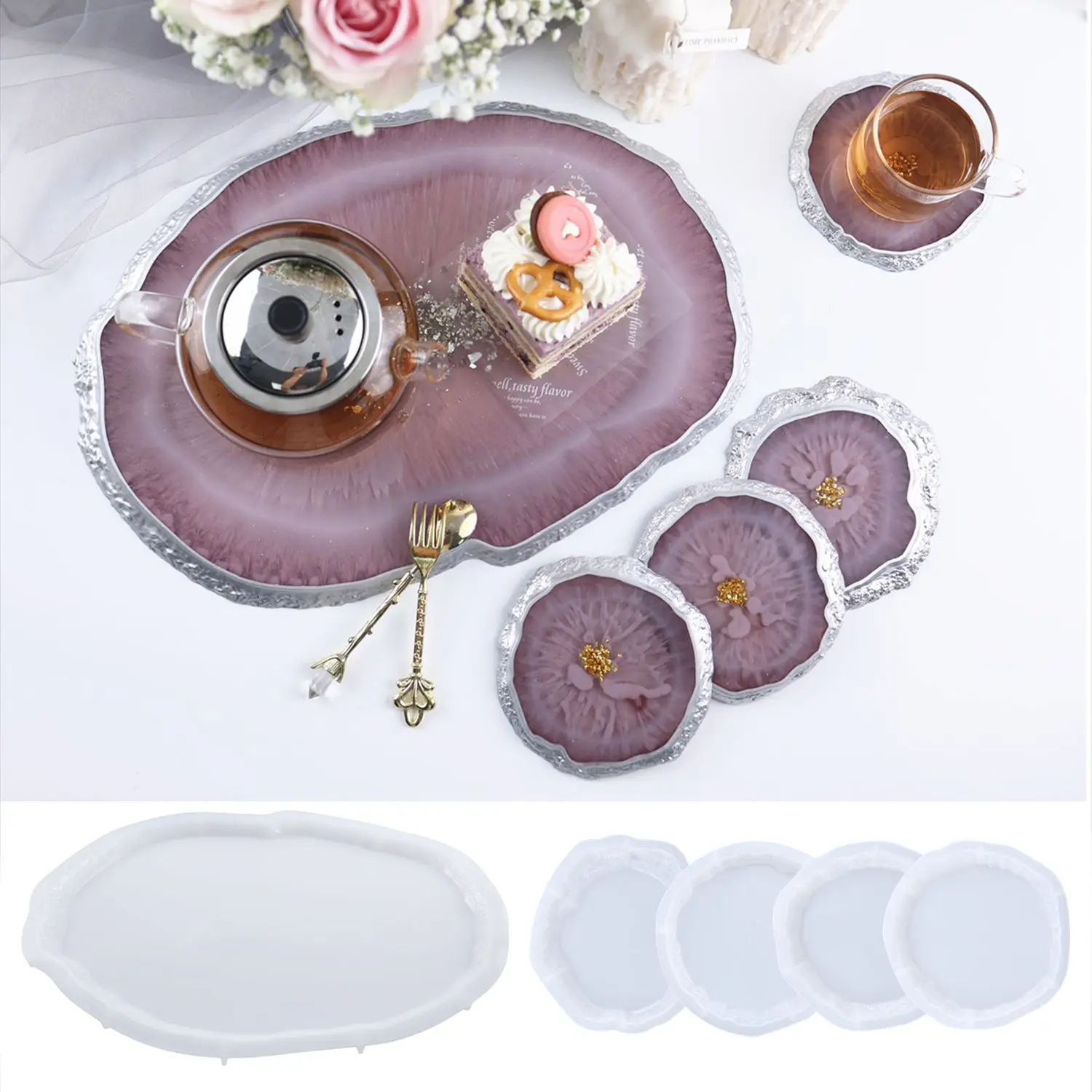 DIY Crystal Resin Molds Large Irregular Oval Round Tray Mirror Coaster Silicone Mold Fruit Tea Palte Disc Decoration Epoxy Molds