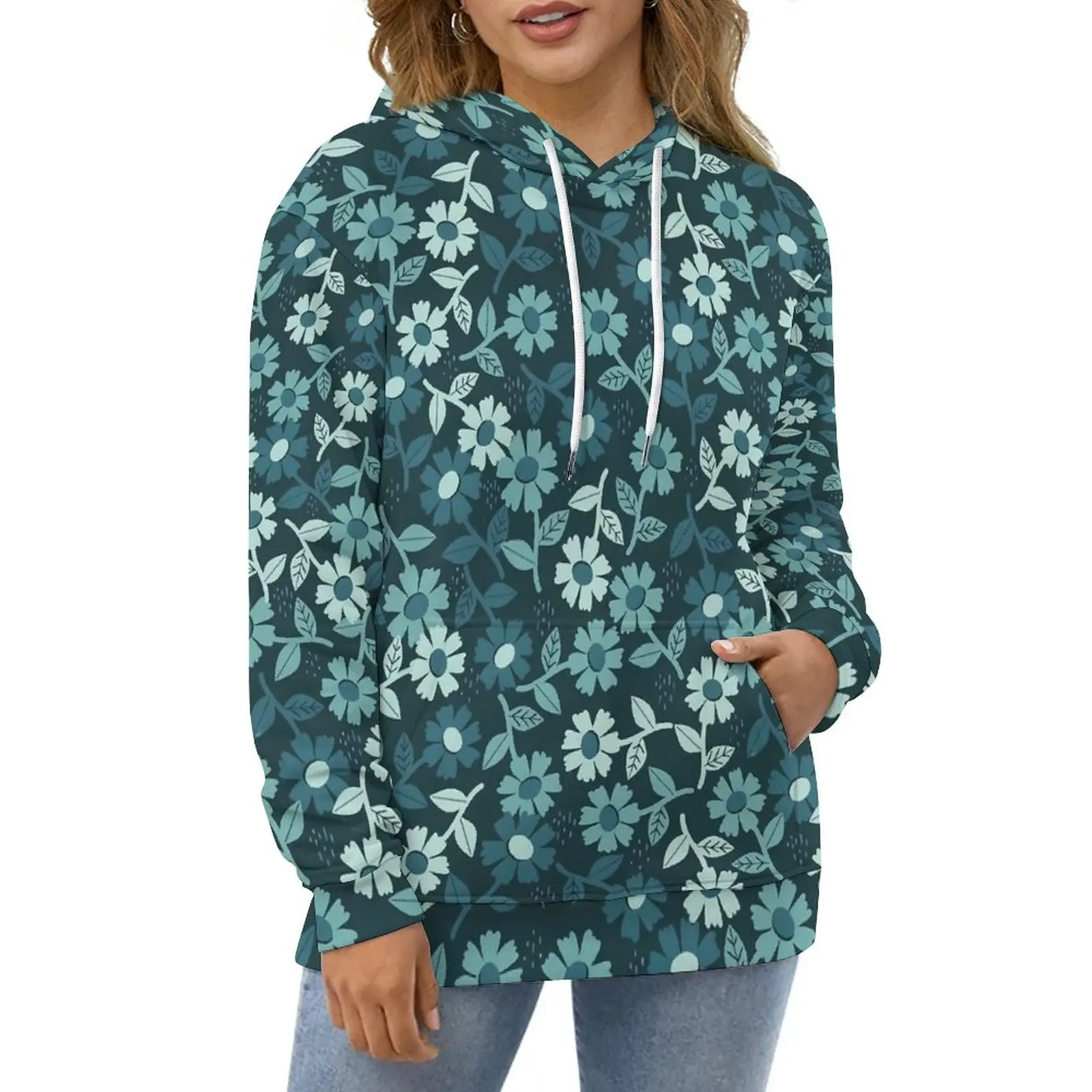 

Denim Ditsy Floral Hoodies Retro Flowers Hip Hop Oversize Hoodie Ladies Long-Sleeve Trendy Graphic Casual Sweatshirts