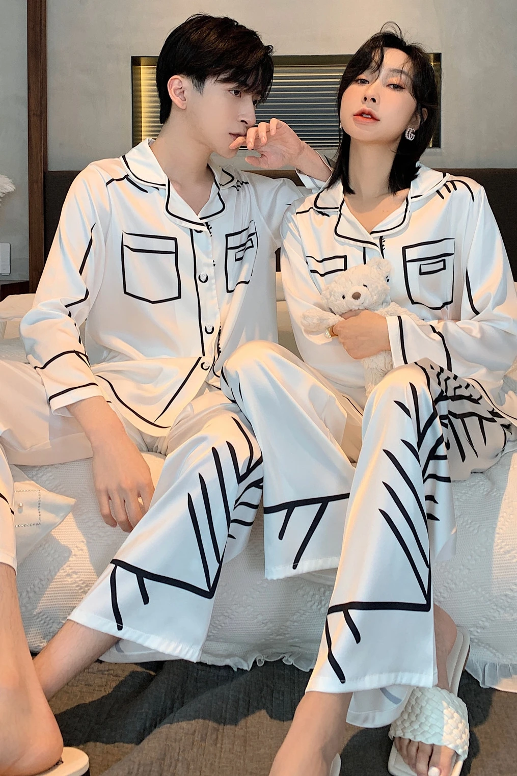 Ice Silk Sleepwear For Women Spring Summer Chic Long Sleeve Pajamas Set Lady Homewear Clothing Set Nightwear