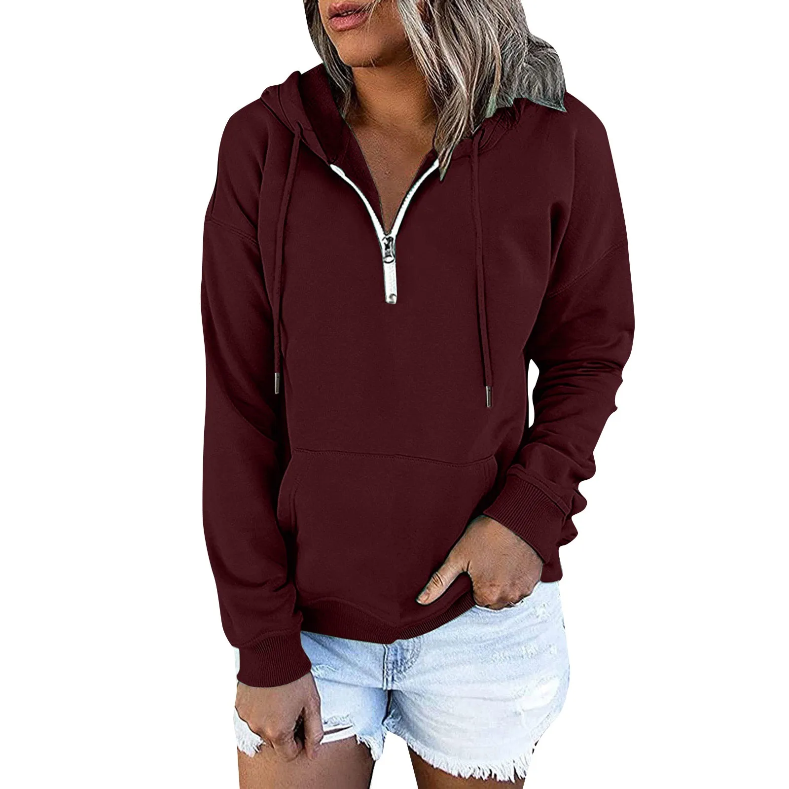 

Women'S Solid Color Pullover Hoodies Tops Casual Zipper Long Sleeve Pocket Sweatshirts New Fashion Women'S Tops Sweatershirt