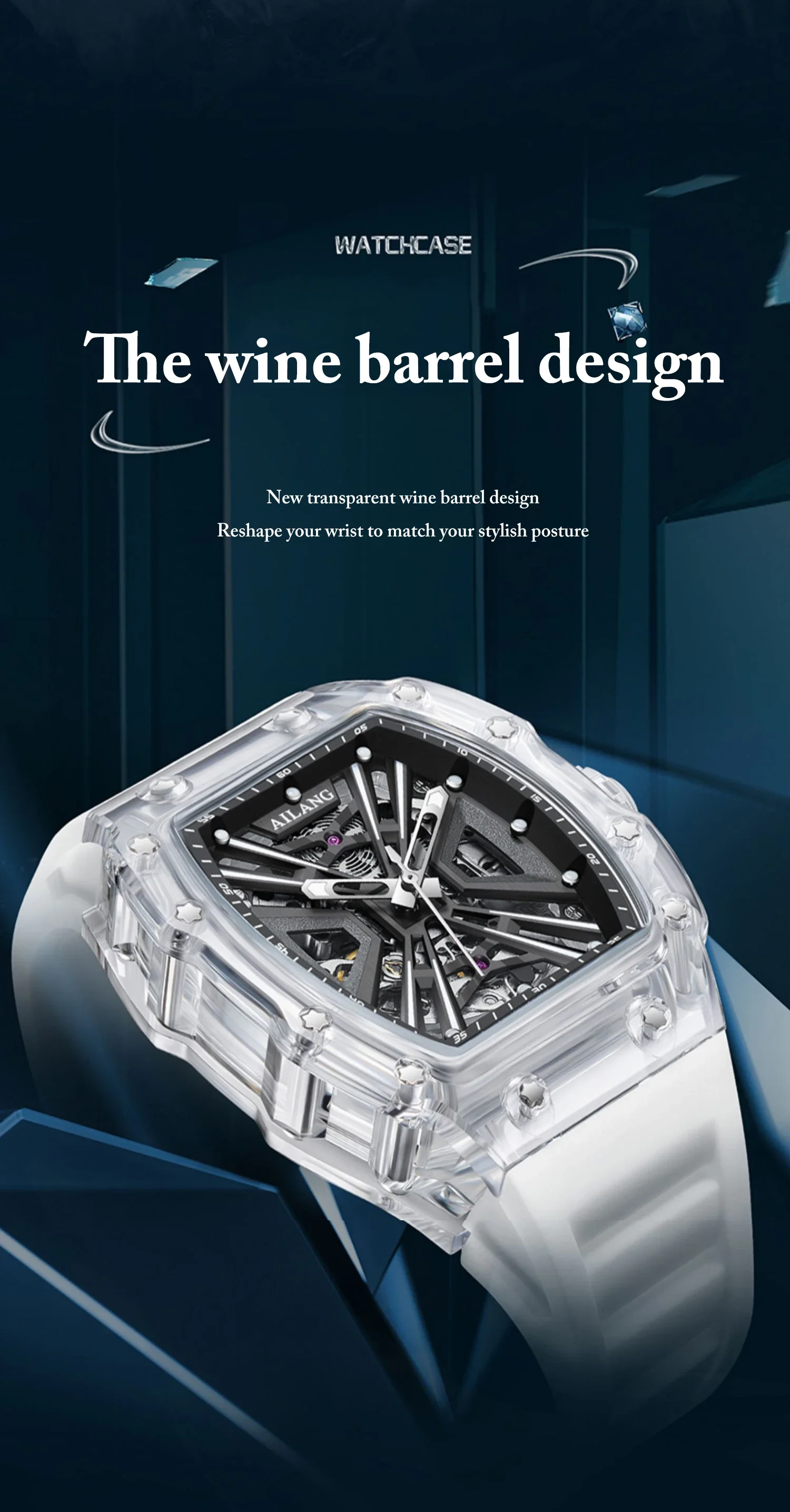 AILANG Herren Automatikuhr, leuchtend, sportlich, modisch, wasserdicht, transparentes Design im Weinfass-Stil, für Männer – Detail 3