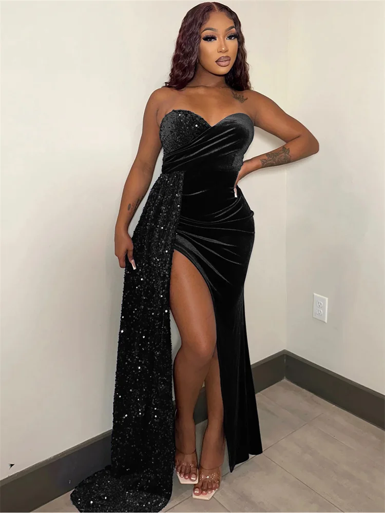 Wmstar Sexy Patchwork Dress Swing Wrap Breast Split Off Shoulder Maxi Vestidos Ruched Sleeveless Nightclub Party Women Dresses