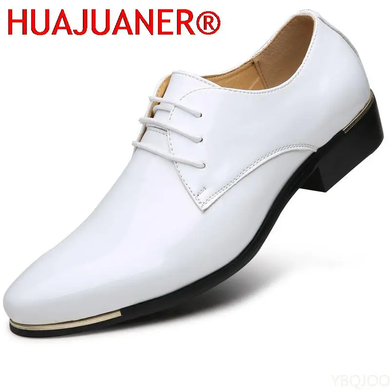 Men's Patent Leather Shoes White Wedding Shoes Size 38-48 Black Leather Soft Man Dress mens brogue shoes