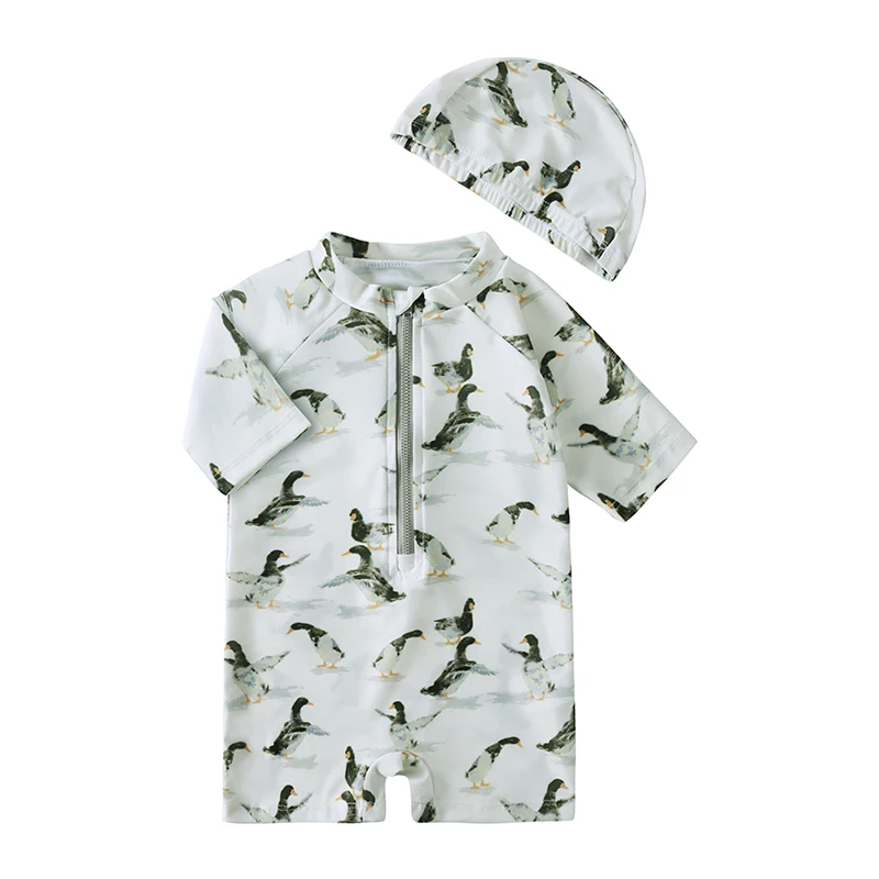 Kids Quick-Drying Swimsuit with Swim Caps Baby Boy Short Sleeve Sunscreen Print One-Piece Bathing Suit Beachwear UPF50+