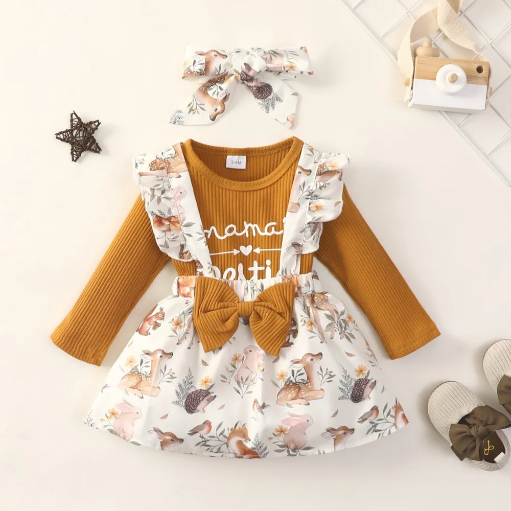 

0-18Month baby girl Autumn Skirt sets Baby Pit Stripes rompers+Shoulder Straps Skirt +Headbands 3pcs Animal print clothing sets