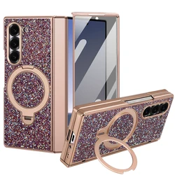 Glitter PU Leather Phone Case with Rotatable Ring Holder Kickstand & Magnetic Full Cover Protection for Galaxy Z Fold7 (Purple)
