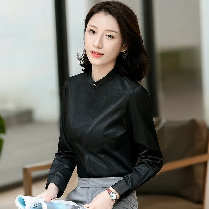 여성용 스탠드 칼라 긴팔 전문 작업복, OL 통근 JK 인치 셔츠