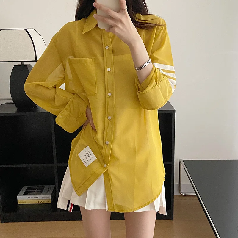 High Quality Korean Style 2022 New TB Classic Yellow Sunscreen Shirt Striped Armband, Loose Casual Sunscreen Shirt, Unisex Trend luckymarche le match canonball regular fit t shirt for unisex qutax23481pix